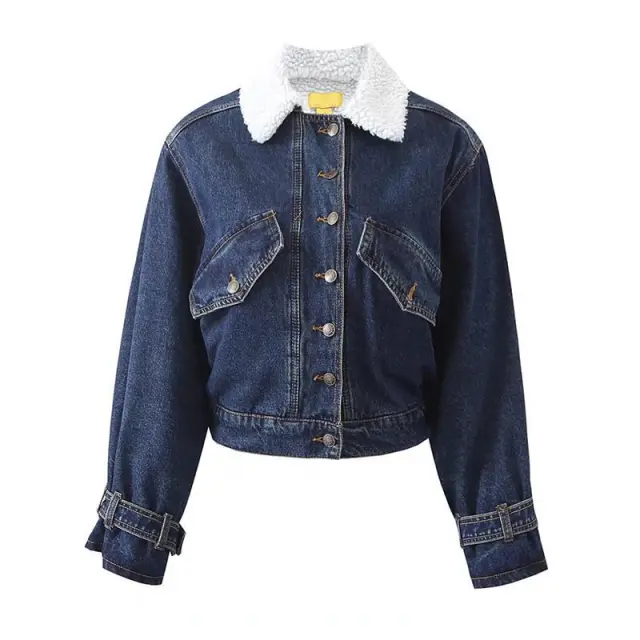 Women's American Style Retro Warm Lamb Wool Denim Jacket Dark Blue - Shop at LoveMi