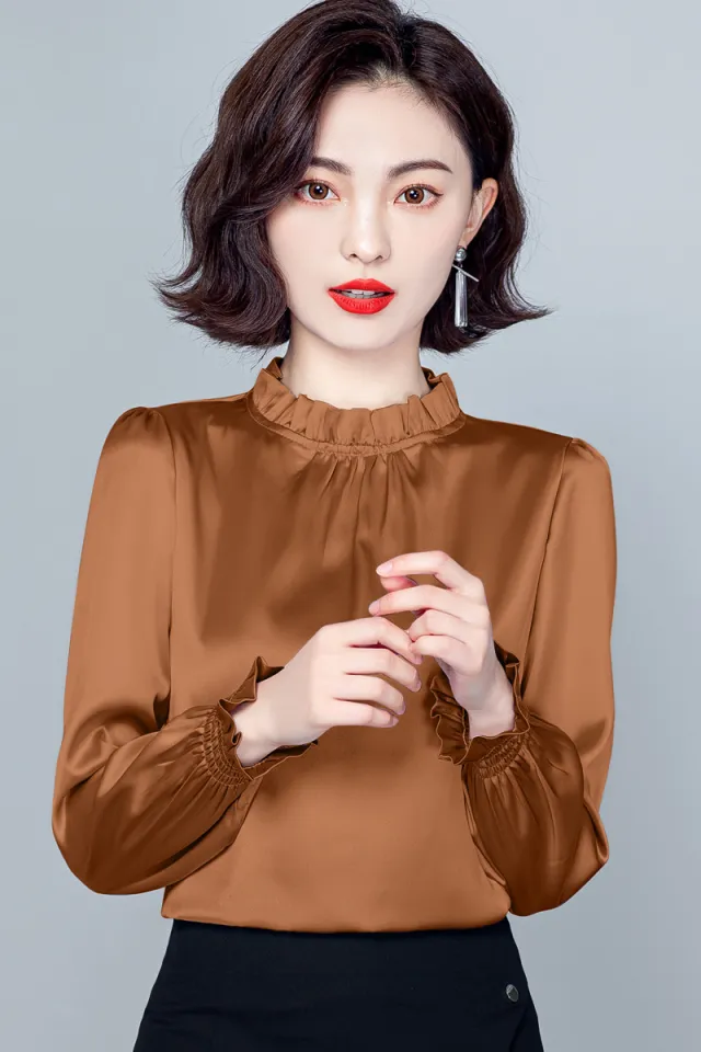 Satin Foreign Style Small Shirt Gentle Wind Bubble Sleeve Top Mocha Xl - Shop at LoveMi