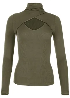 Women's Sexy Leaky Chest High Neck Long Sleeve Threaded Top - Army Green - View 1