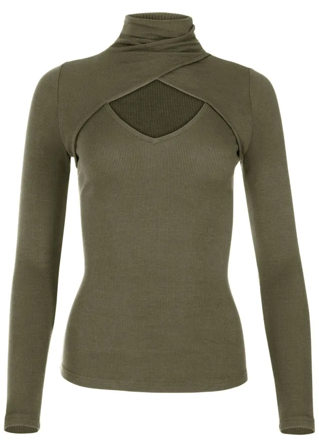 Women's Sexy Leaky Chest High Neck Long Sleeve Threaded Top Army Green - Shop at LoveMi