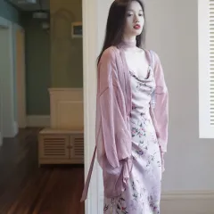 Two Piece Floral Suspender Dress Set - Coat And Skirt - View 1