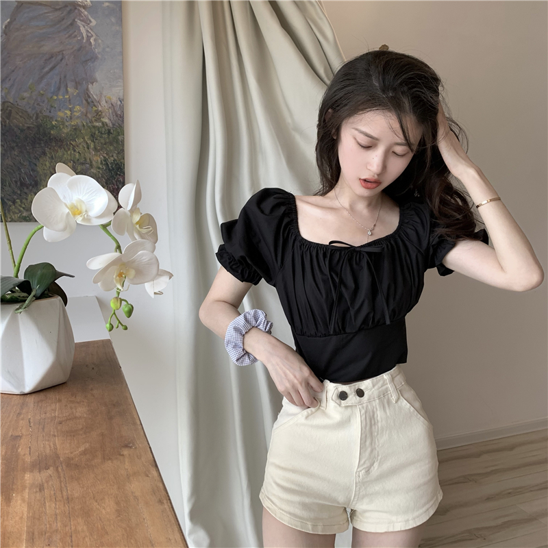 Title 12, Puff Sleeve Retro High Waist Slim Short Sleeve