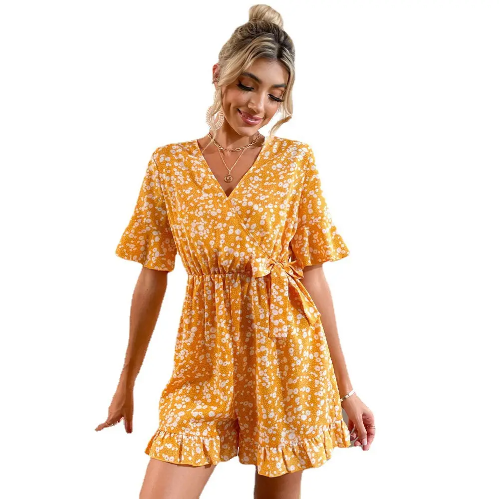 Women's Flared Sleeve V-Neck Tie Print Casual One Piece Suit Women