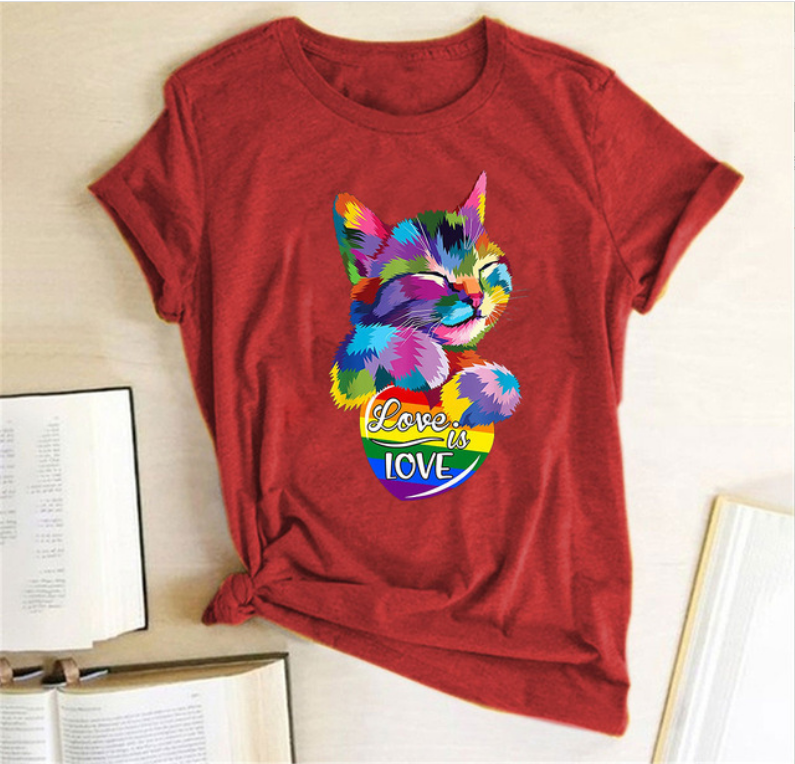 Title 1, Colorful Cat LOVE Letter Print Female T-shirt