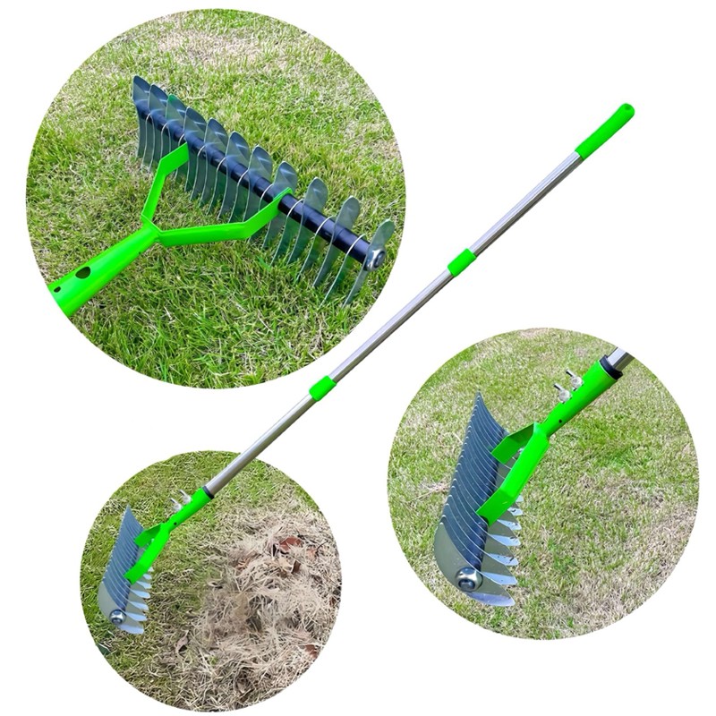 Adjustable handle sections of the dethatcher rake assembled at full length