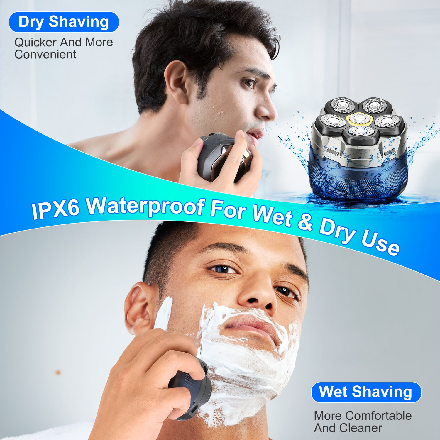 1Pc  Cordless Electric Head Shaver For Men 6D Magnetic Floating Head IPX6 Waterproof Wet Dry Shaving Electric Razor Type-C Rechargeable Trimmer With LED Digital Display For Bald Man