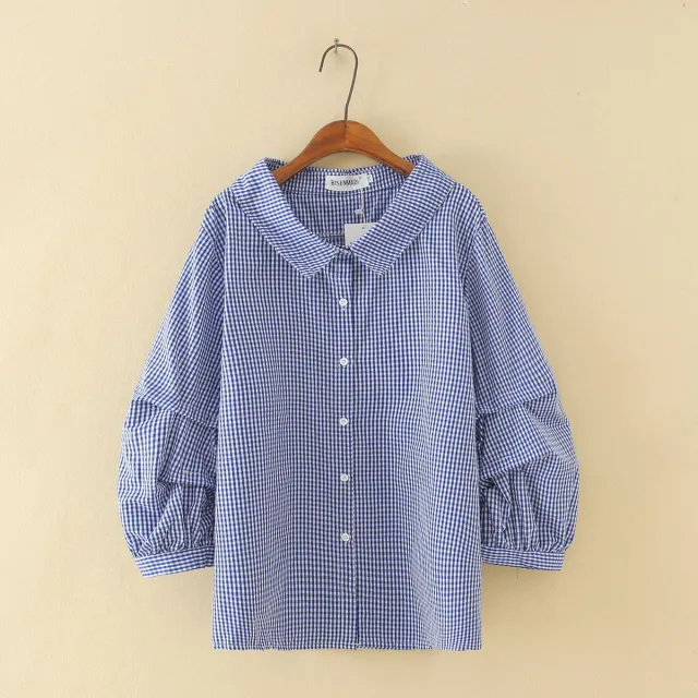 Lantern Three quarter Sleeve Plaid Shirt Top Blue - Shop at LoveMi