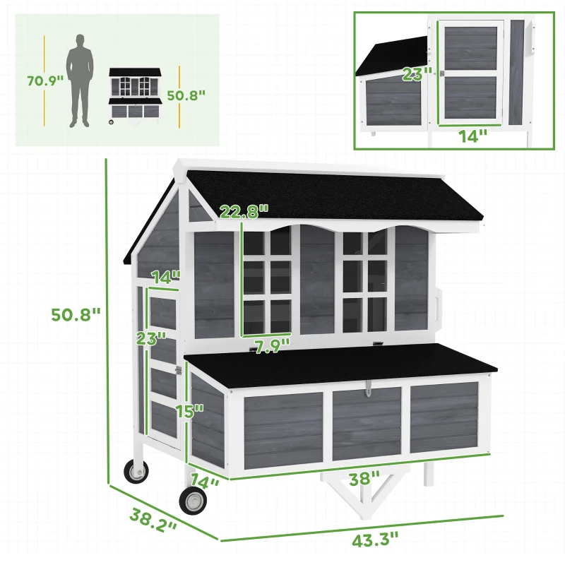 Chicken Coop With Wheels, Chicken Tractor With Nesting Box, Windows, Pull-out Tray, Perches, For 2-4 Hens, Gray