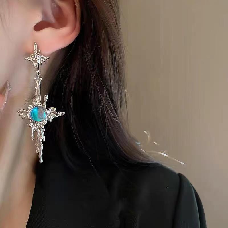 Sweet Cool Ins Niche Irregular Liquid Four-Pointed Star Moonstone Earrings, Trend New Women Stud Ear Jewelry