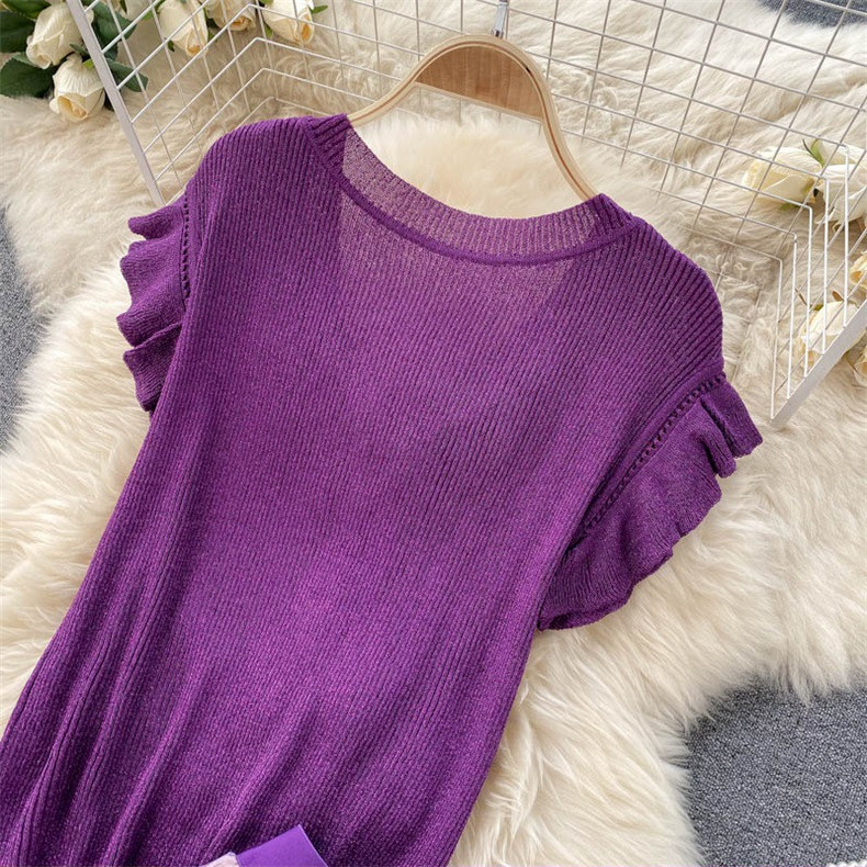 Feminine V-neck Knitted Top All-match Mid-length Mesh Skirt