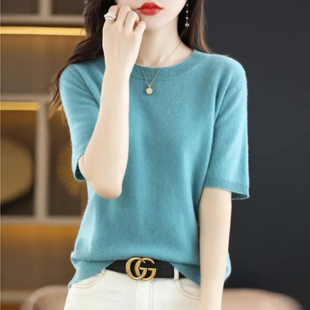 Knitted Short sleeved Loose T shirt Inner Sweater Green - Shop at LoveMi