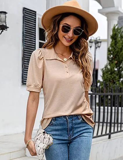 Polo Shirt Button Down Neck Puff Sleeve Loose T Shirt Shirt Khaki - Shop at LoveMi