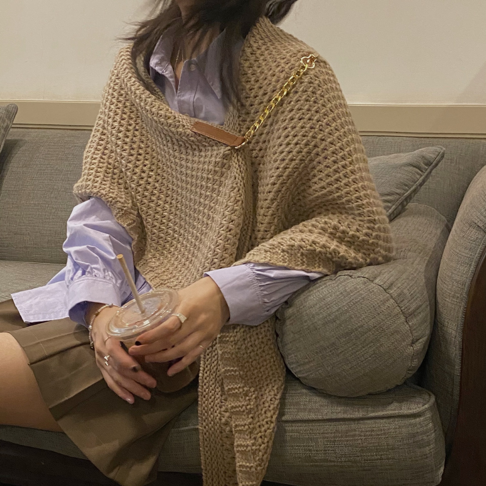 Women's Hollow Knitted Leather Buckle Shawl Spring Autumn