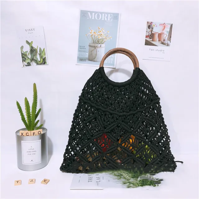 Hollow Woven Fishing Net Portable Grass Woven Bag Black - Shop at LoveMi