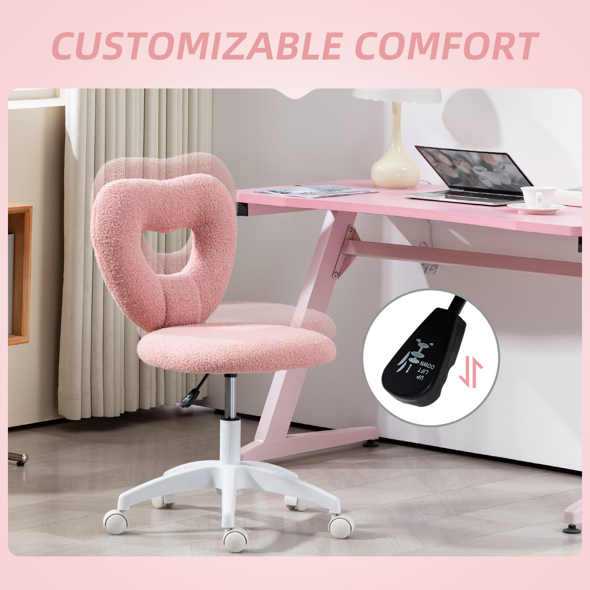 Armless Heart-shaped Computer Desk And Chair, Teddy Velvet Rotating Office — image 6
