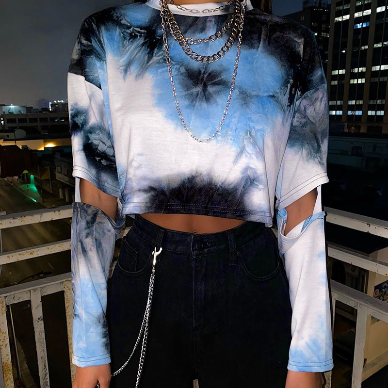 Broken Sleeve Tie Dye Print Fashion Street Long Sleeve Navel Loose T-Shirt Top