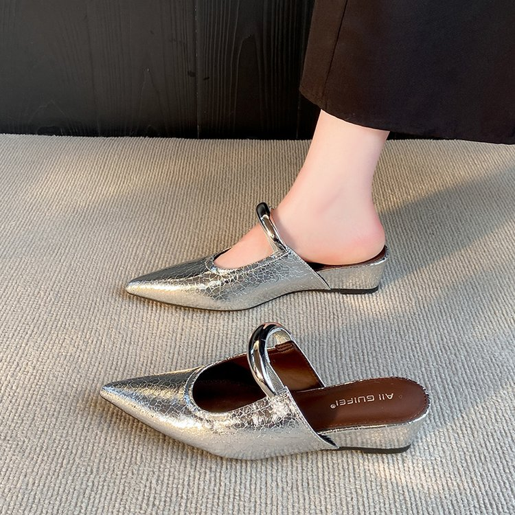 Elegant Pointed Toe Metal One-Strap Mules 2025 Summer New Wedge Heel Platform Sandals For Women