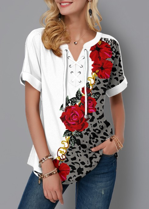 Title 10, New Summer Print Lace-Up Short-Sleeved Women