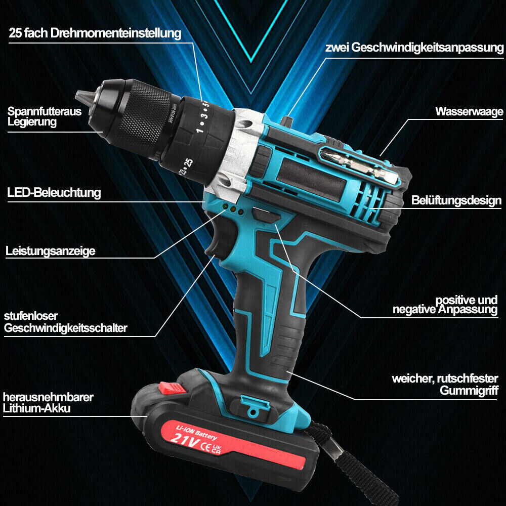 3-in-1 Cordless Impact Drill Brushless 21V Cordless Screwdriver, Case With 2 Batteries