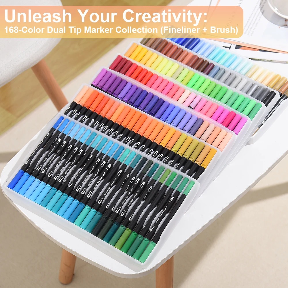 168 Colors Dual Tip Brush Markers Set Black Barrel Watercolour Pens — image 7