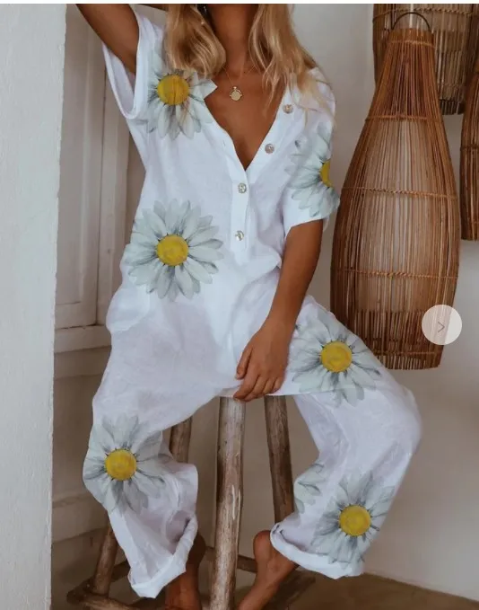 Ladies Floral Print Casual Long Jumpsuit White - Shop at LoveMi