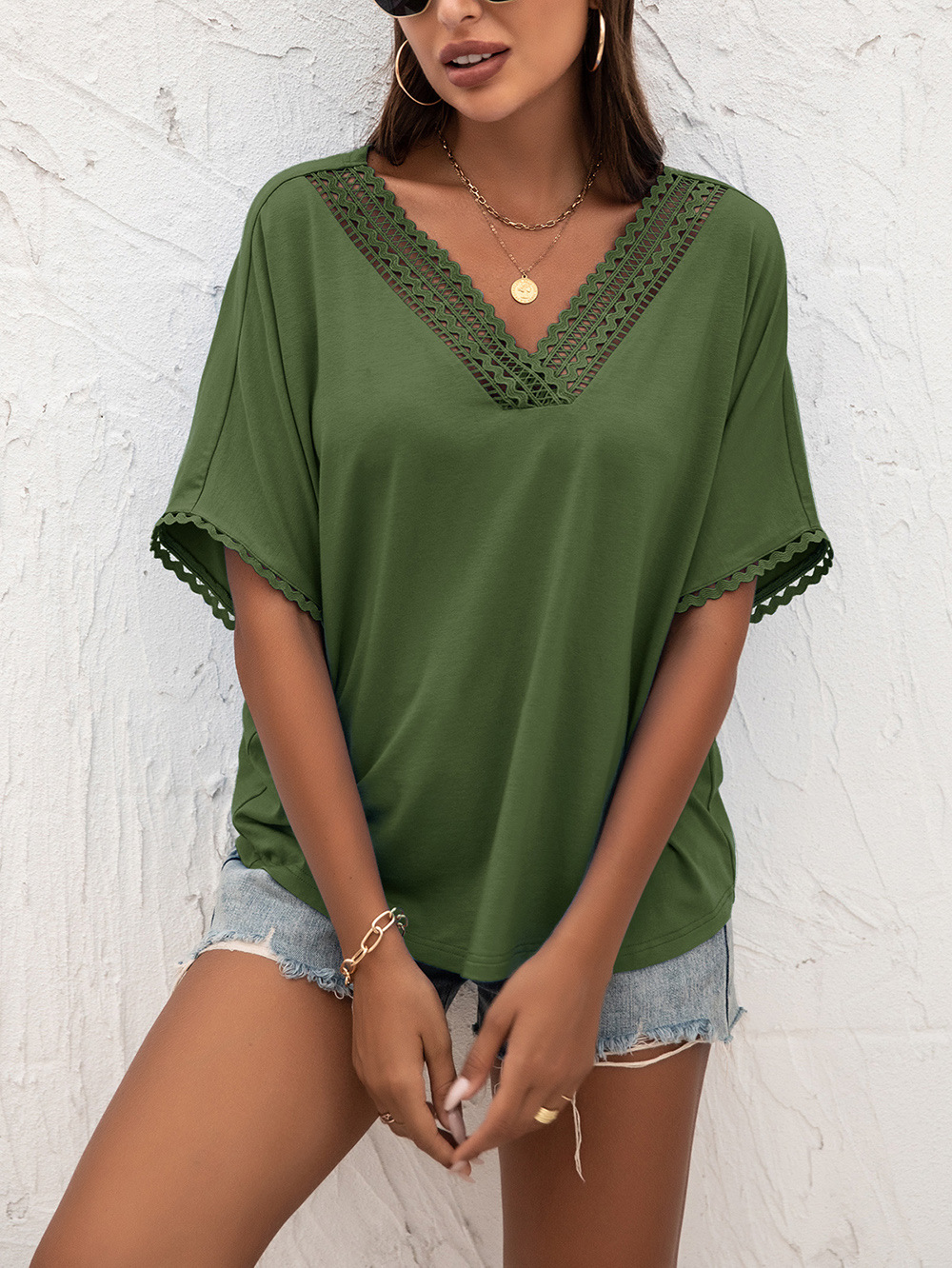 Title 10, Cutout Panel V-Neck Loose Knit Sweater Short Sl...