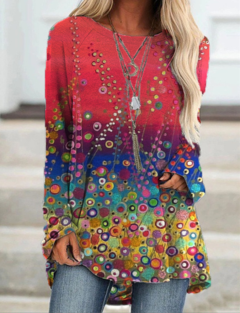 Fashion Women's Long-sleeved Small V-neck Flower Print T-shirt