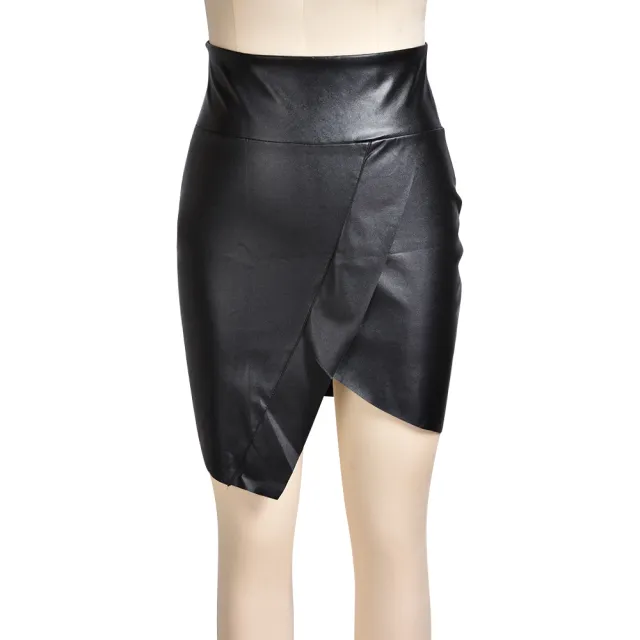 European And American Irregular Slit Black Leather Skirt Black - Shop at LoveMi