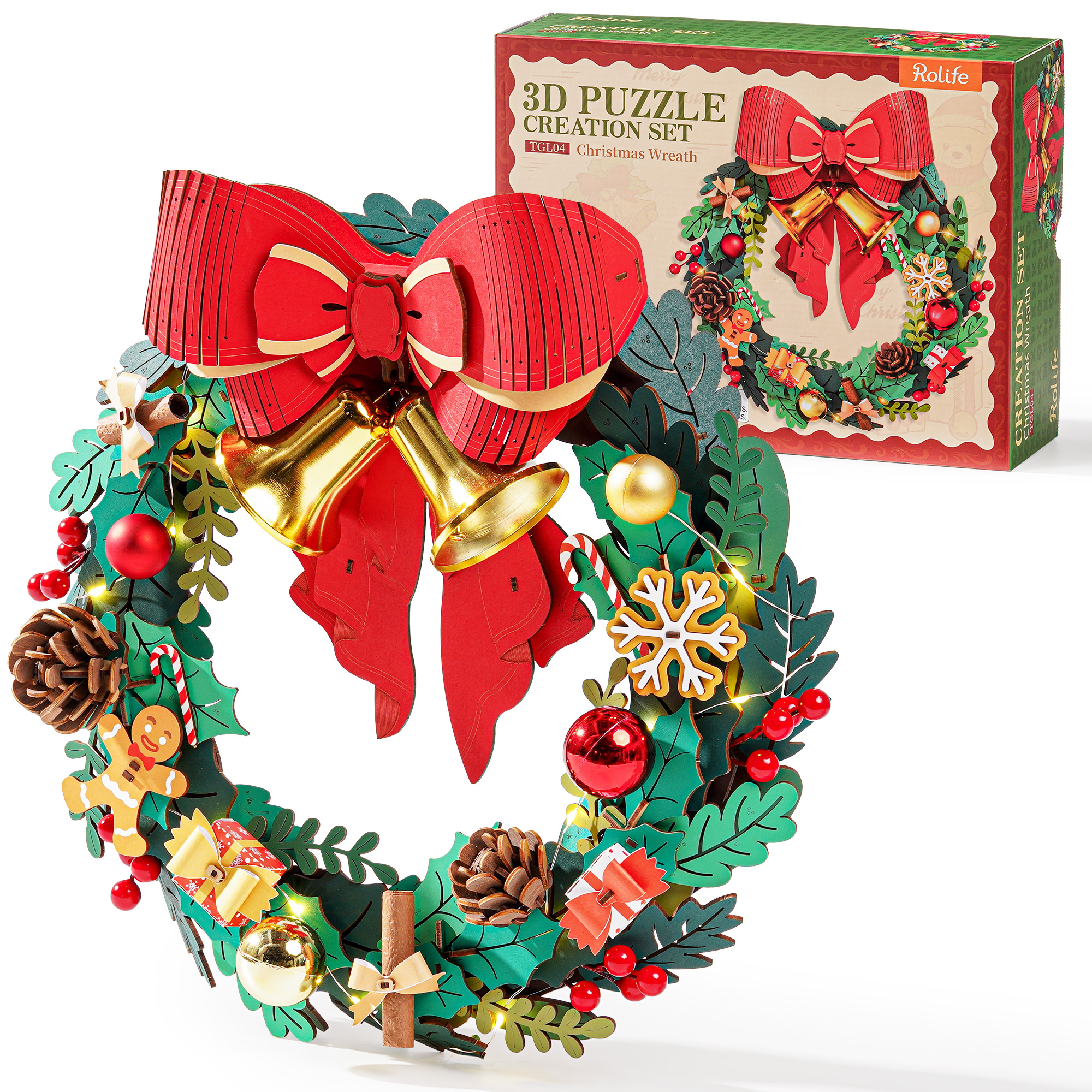 Rolife 3D Wooden Puzzle - Christmas Wreath, Classic Christma