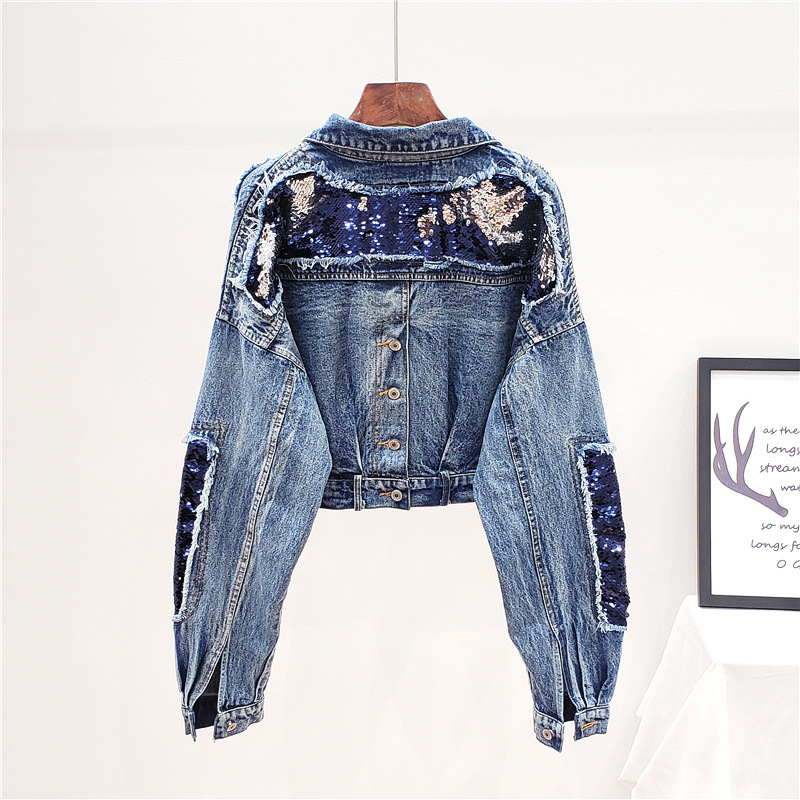 Heavy Industry Sequins Short Doll Sleeve Denim Jacket Women