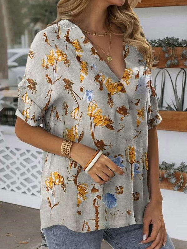 V Neck Casual Loose Floral Print Shirt Yellow - Shop at LoveMi