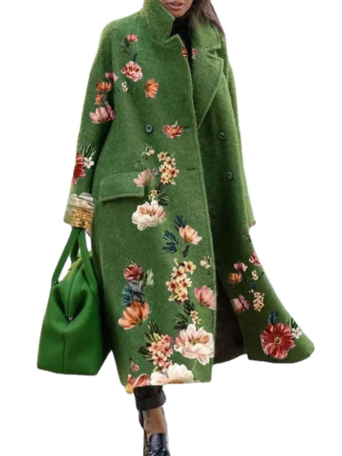 Beltless Lapel Loose-fitting Green Woolen Coat