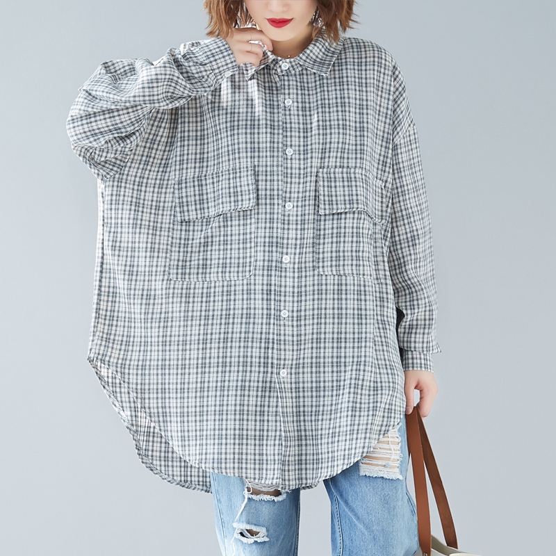 Title 6, Lapel Plaid Long-sleeved Shirt Age-reducing Bel...