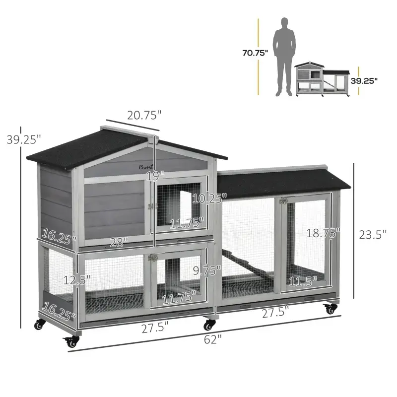Wooden Mobile Rabbit Hutch With Wheels, Run Box, Slide-out Tray, Ramp