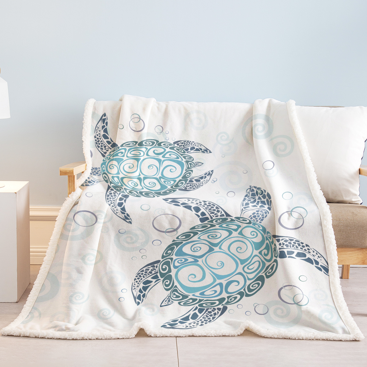 Sea Turtle Blanket Aqua Teal Blue Sherpa Fleece Throw