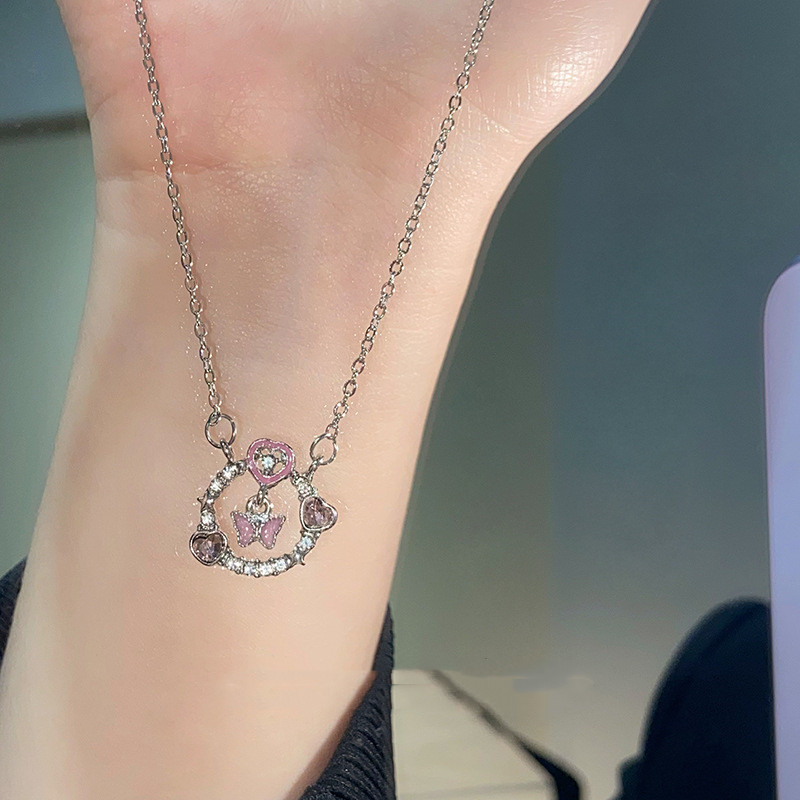 Korean Style New Love Pink Diamond Butterfly Necklace