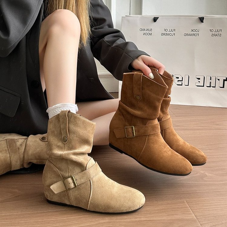 Retro Interior Height Increasing Thick Soled Maillard Round Toe Boken Short Boots, Children's Stacking Boots, Martin Boots