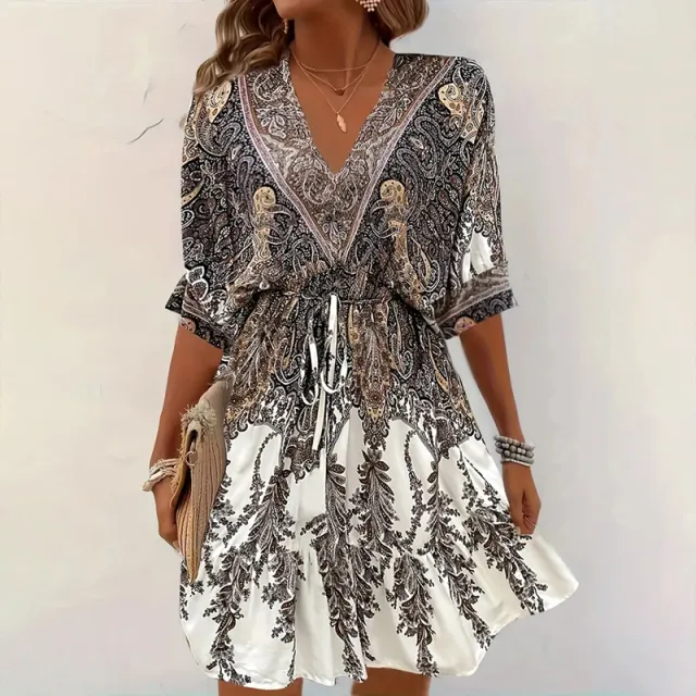 Women's Vintage Floral Butterfly Print Dress Batwing Sleeve, Deep V Neck & Ruffle Waist With Tie Detail Black - Shop at LoveMi
