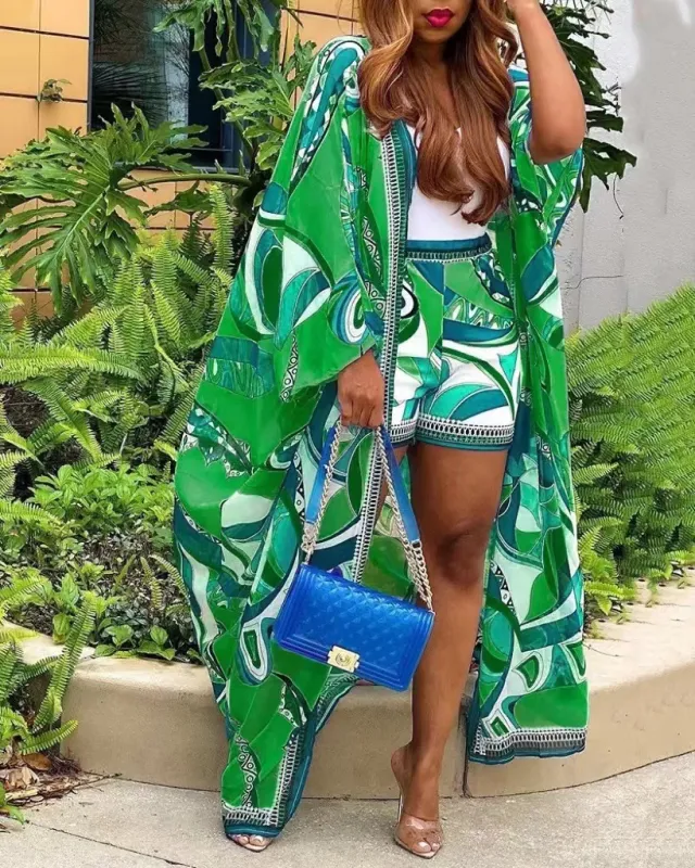Printed Temperament Cardigan And Shorts Suit For Women Green - Shop at LoveMi