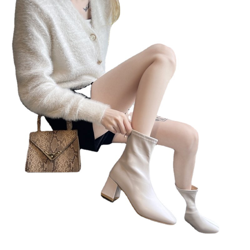 Soft Leather Was Thin High-heeled Nude Boots Square Toe Elasticity