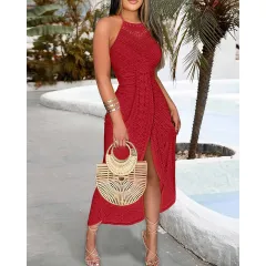 Women's Sexy Halter Neck Ruched Bodycon Midi Dresses Elegant Sleeveless Cocktail Party Dress - Red - View 1