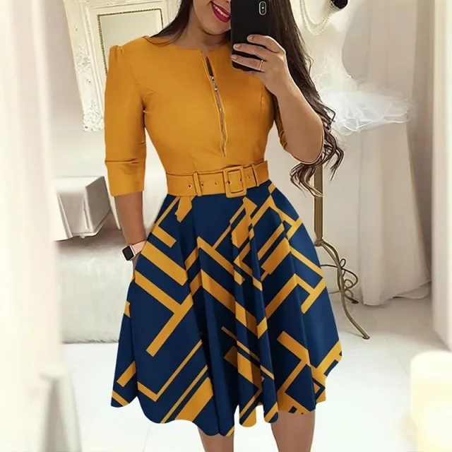 Women's Geometric Print A Line Midi Dress Semi Zip Neck Long Sleeve Dress With Belt Spring Summer Fashion Dress Orange - Shop at LoveMi