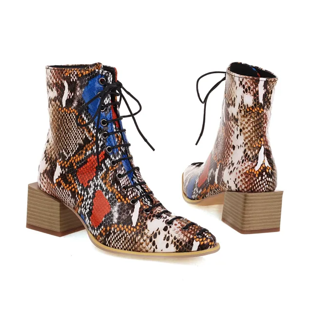 Fashion Mid heel Square Toe 40414243 Snake Front Lace up Low top Women's Boots Color 37 - Shop at LoveMi