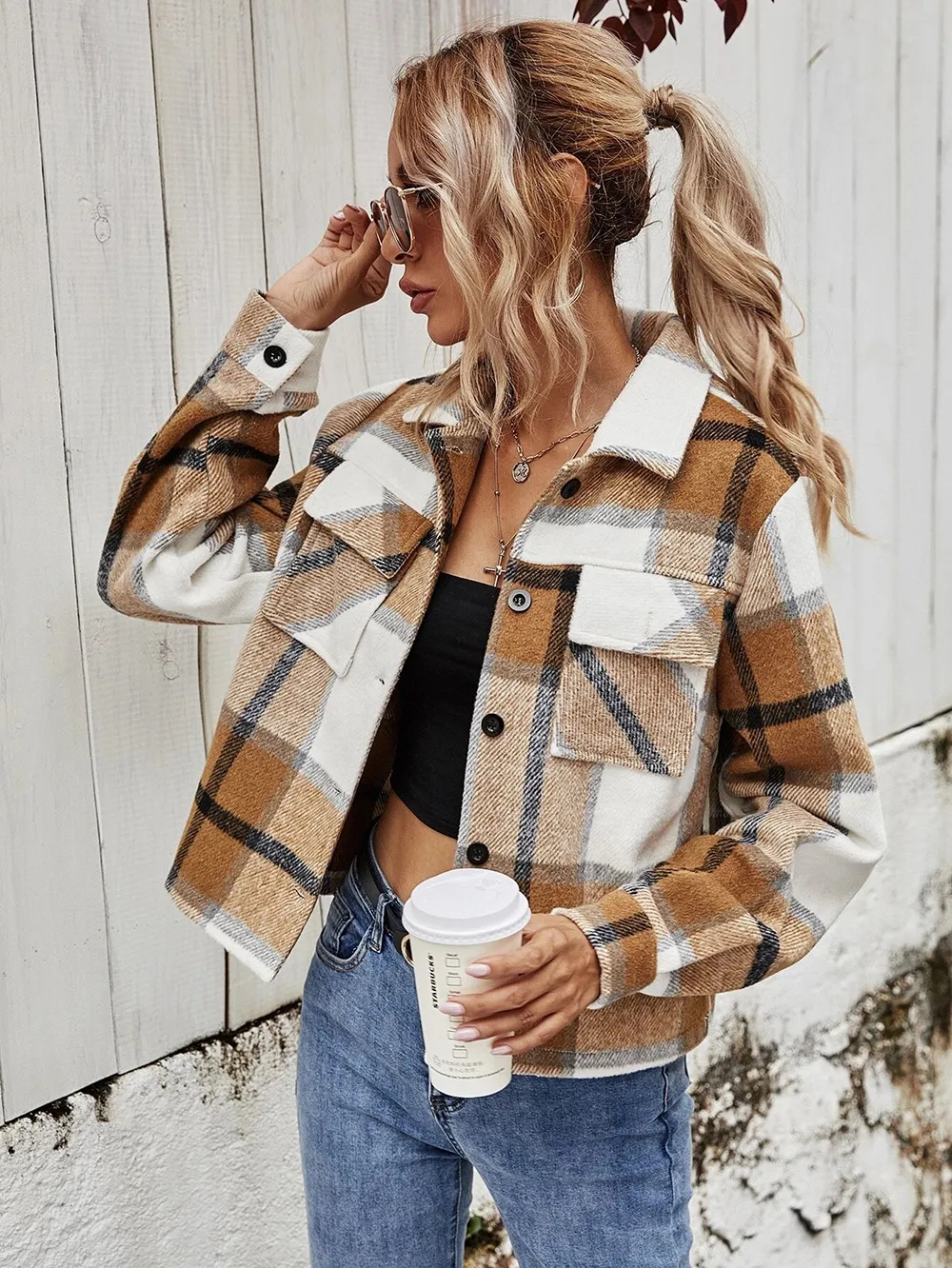 Single-breasted Woolen Plaid Short Coat Women - Apricot Grid