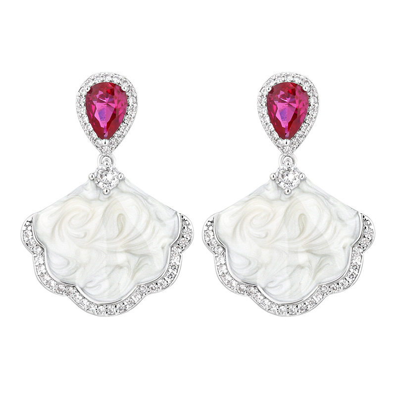 Niche Light Luxury Drop Earrings For Women, Teardrop Blush Tone Simulated Zirconia & Fan Shell Tone Inlay Ear Jewelry Full Pave Shiny Rhinestone Fashion Accessories