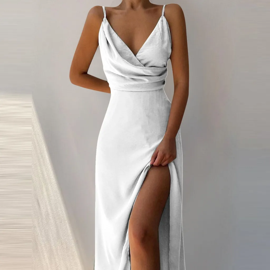 V-neck Slit Sling Dress Summer Fashion Sexy Slim Suspender Dresses For Women Clothing - White