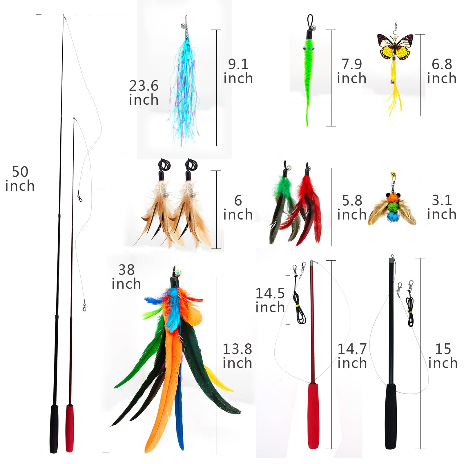 Juego de juguetes para gatos con 2 varitas retráctiles y 9 recambios de plumas. Varillas telescópicas de dos tamaños, accesorios de plumas «Da Bird» con cascabeles de recambio, juguetes interactivos tipo caña de pescar.