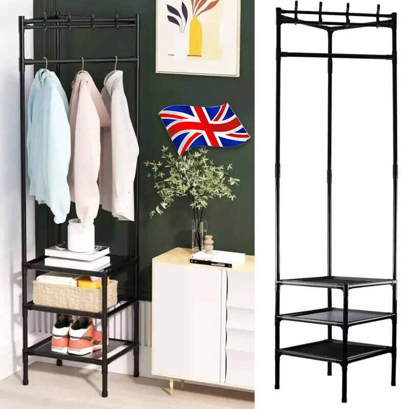 Corner Coat Stand Metal Clothes Hanging Rail Rack Shoe Rack Hanger With 3 Shelf