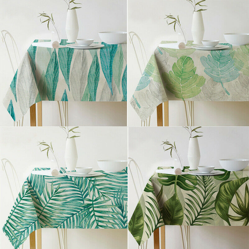Green Plant Leaf Print Linen Waterproof Tablecloth