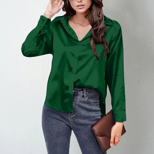 Women's Elegant Satin Lapel Shirt, Long Sleeve Button Down Blouse For Casual And Office Wear Dark Green - Shop at LoveMi